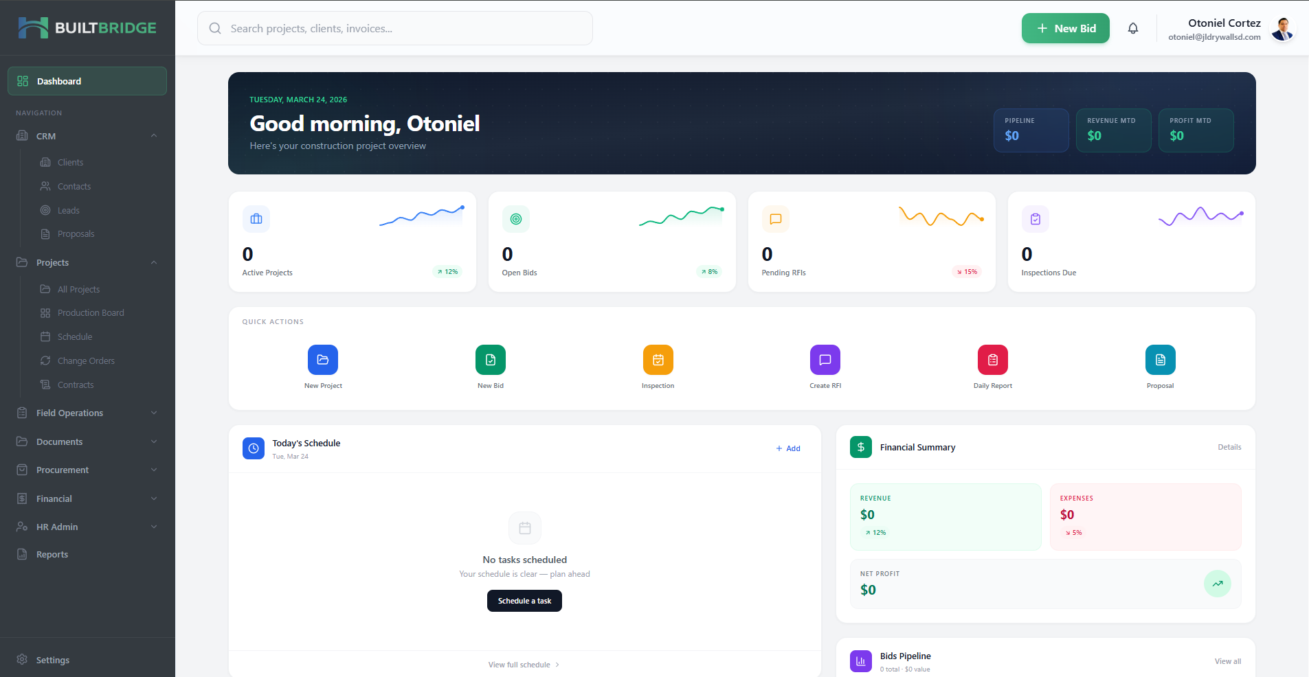 BuiltBridge Dashboard - Project management, CRM, and invoicing in one platform